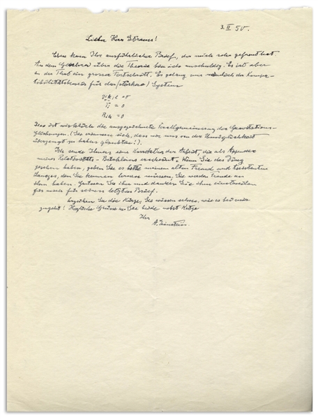 Albert Einstein Autograph Letter Signed ''A. Einstein'' With His Handwritten Equations -- ''...the theory...really does constitute immense progress...as an appendix of my little book on...